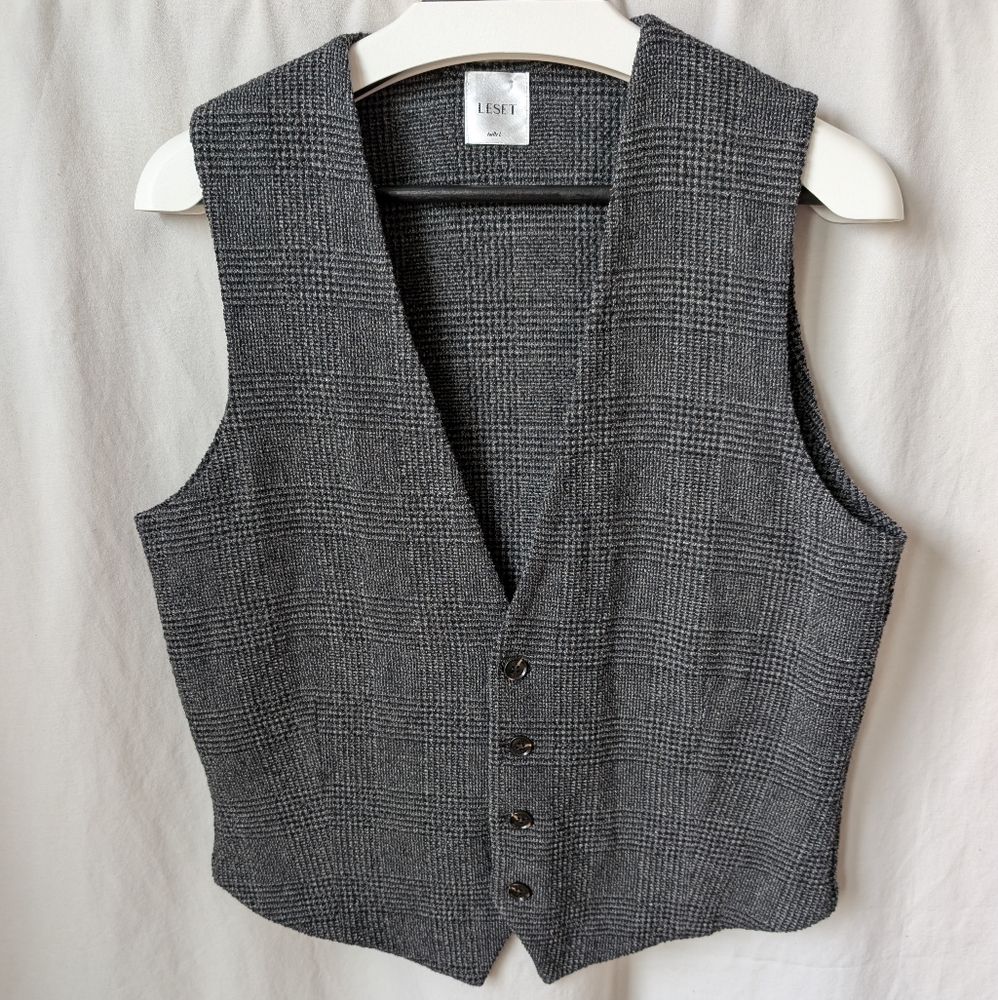 LESET Austyn Vest Large Alpaca Suiting Grey Black Check Knit Luxury USA Women